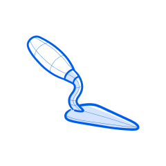 Une truelle bleue sur fond blanc.