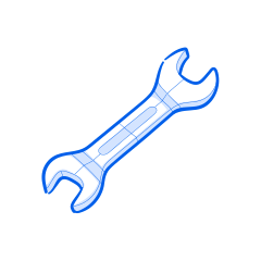Here is a caption for the image: a blue wrench icon on a white background.