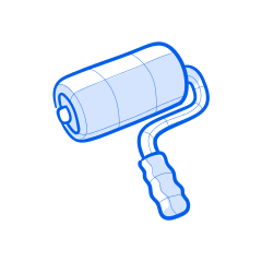 Here's a caption: a blue paint roller.