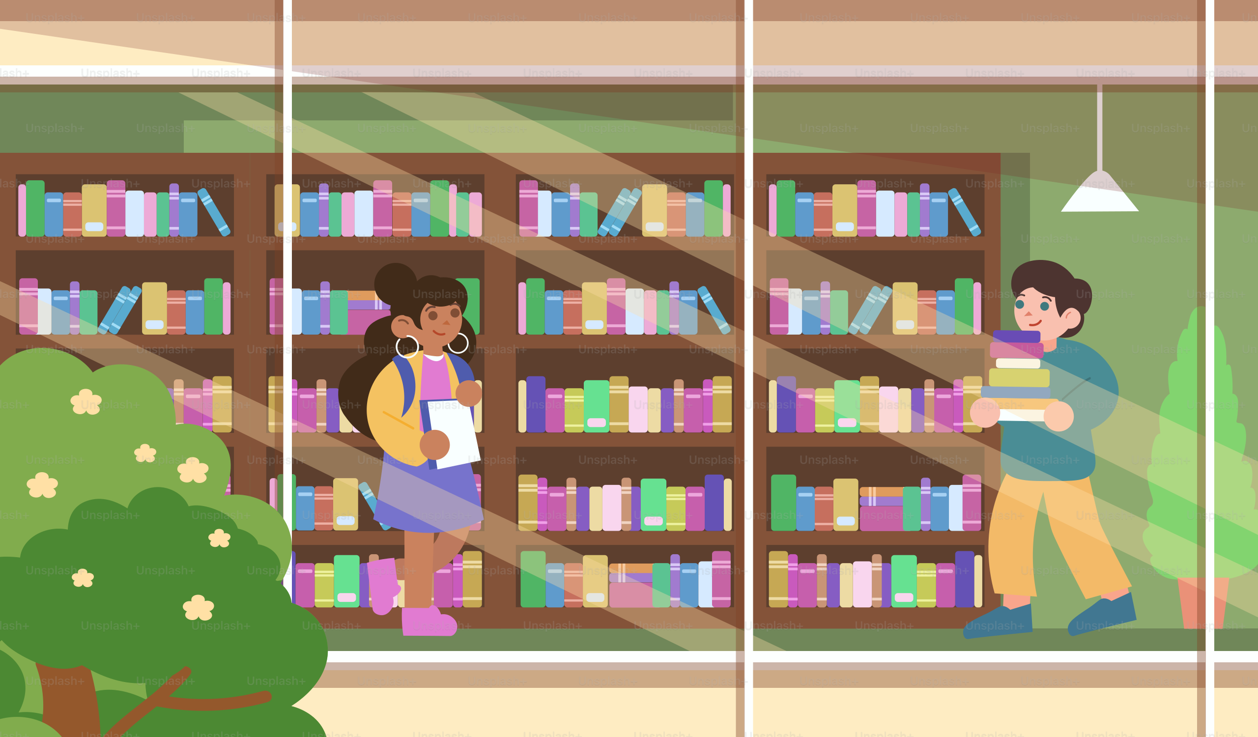 People are inside a library with many books.