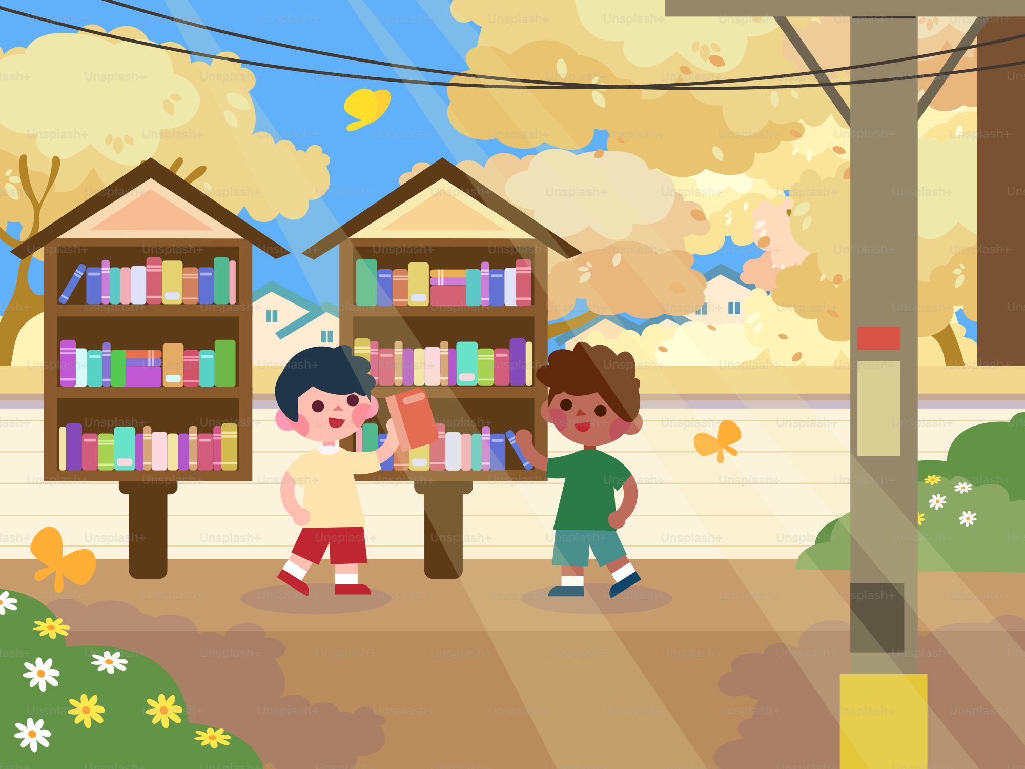 Two kids choose books from a community library.