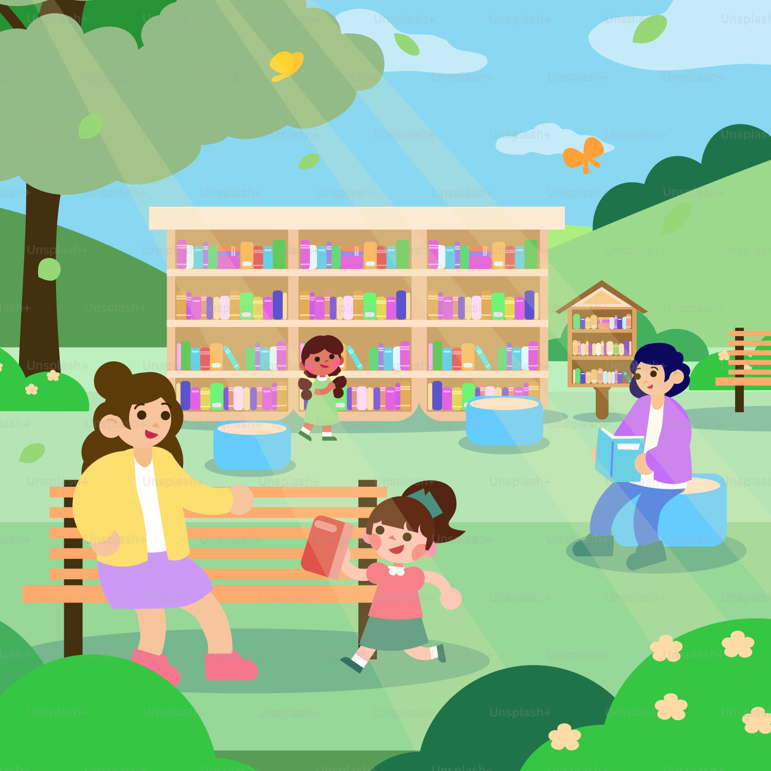 Children are enjoying reading at the outdoor library.