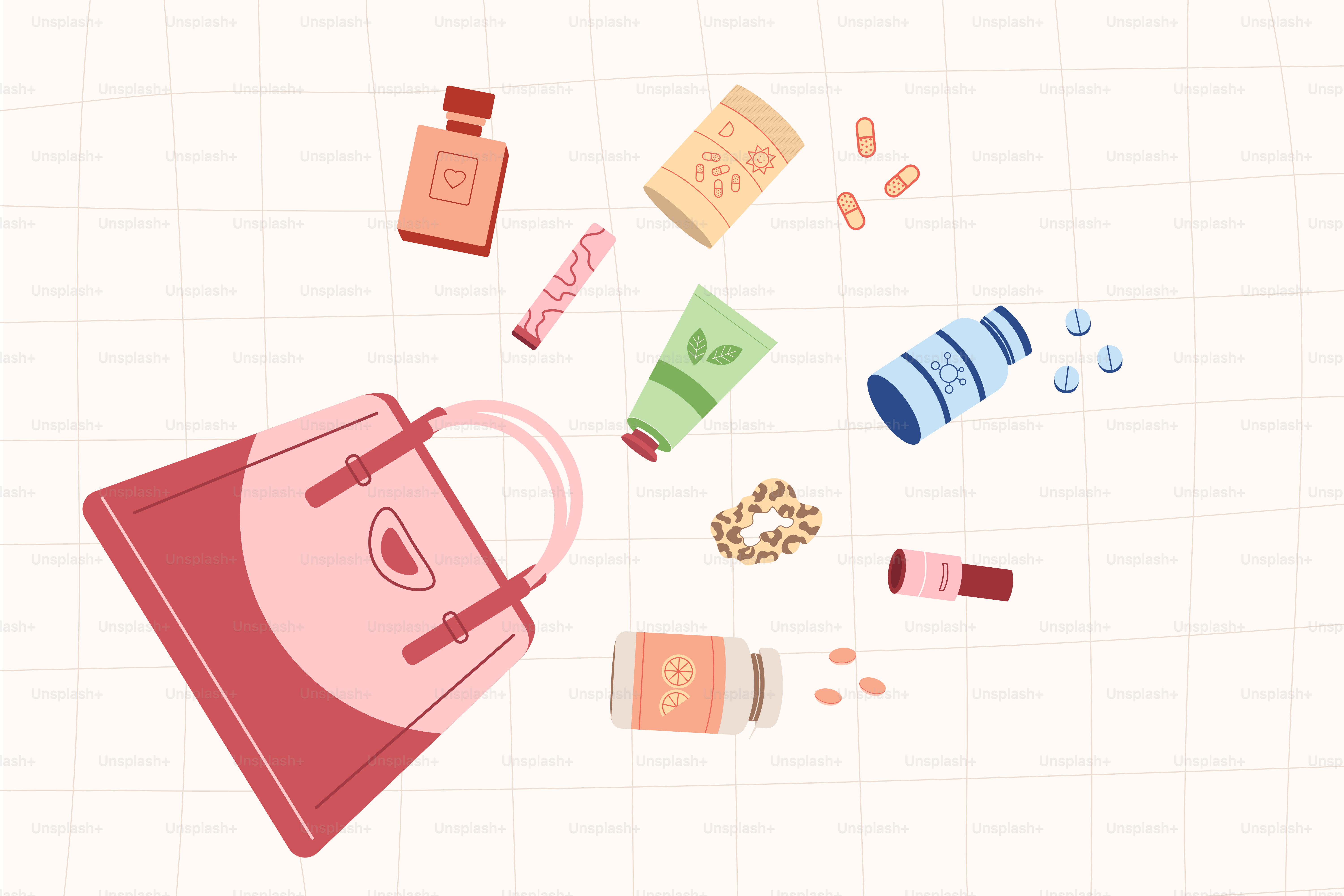 Bolso derramando productos de belleza y accesorios.