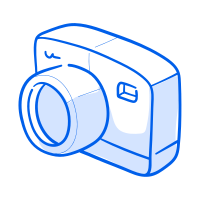 A blue line drawing of a camera.