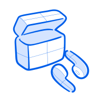 Earbuds are next to their charging case.