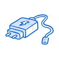Un chargeur bleu prêt à être branché.