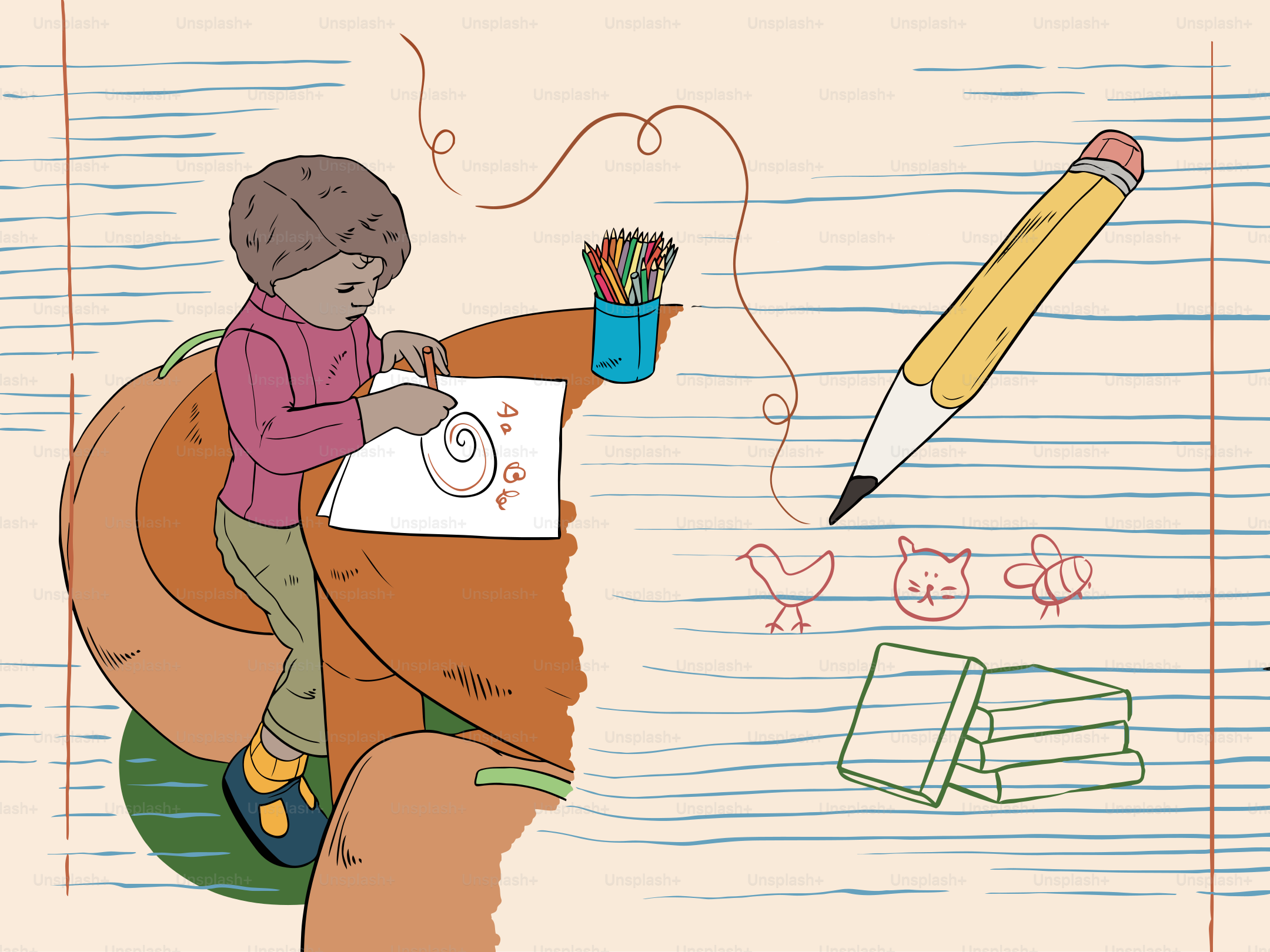 Un enfant dessine joyeusement avec des crayons de couleur.