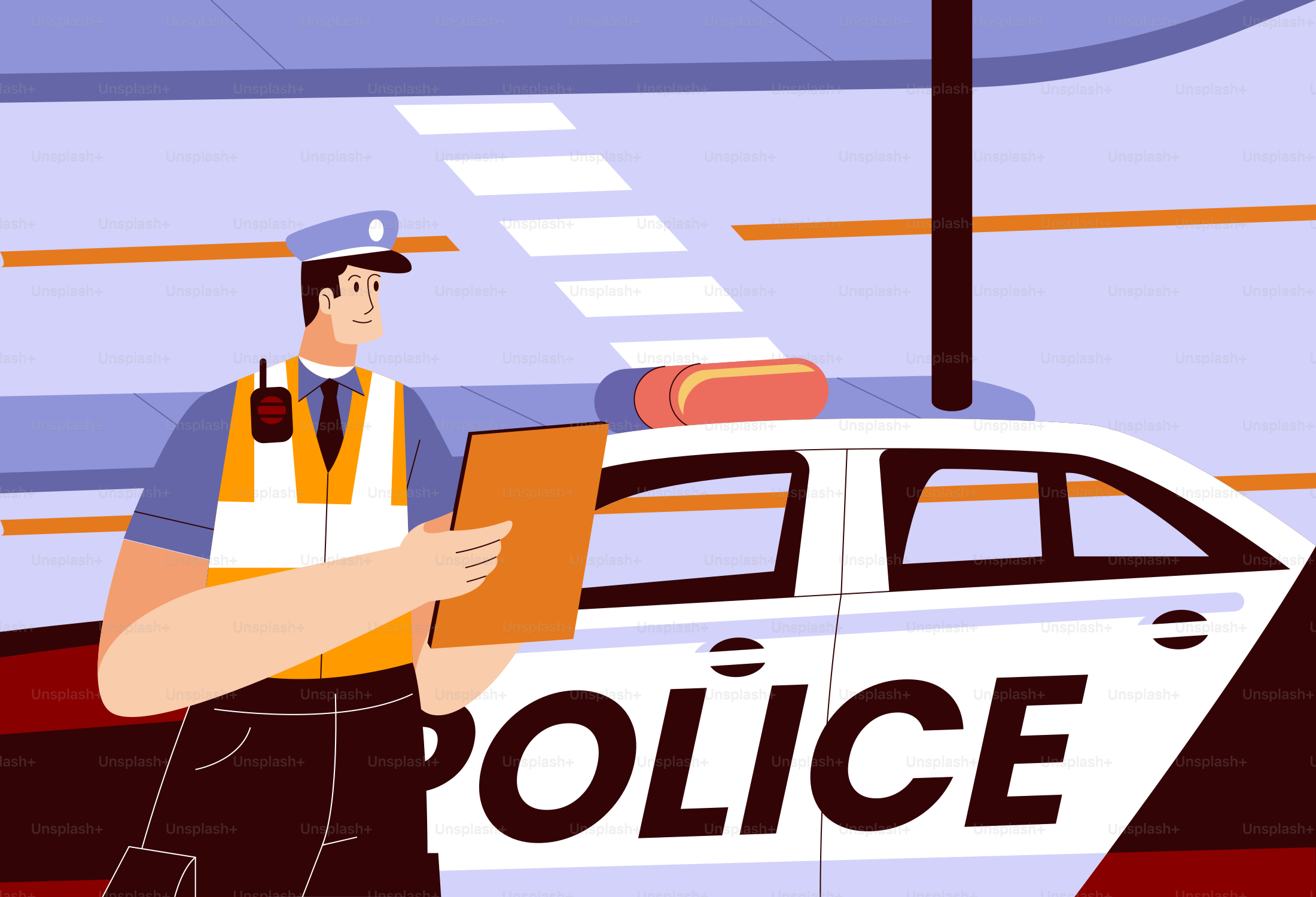 Un policier se tient près de leur voiture de patrouille.