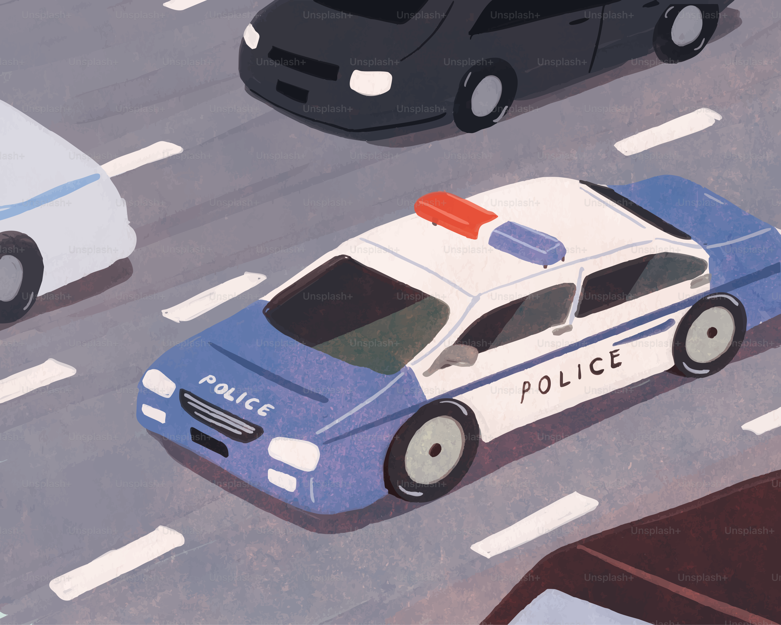 Une voiture de police roule sur une route très fréquentée.