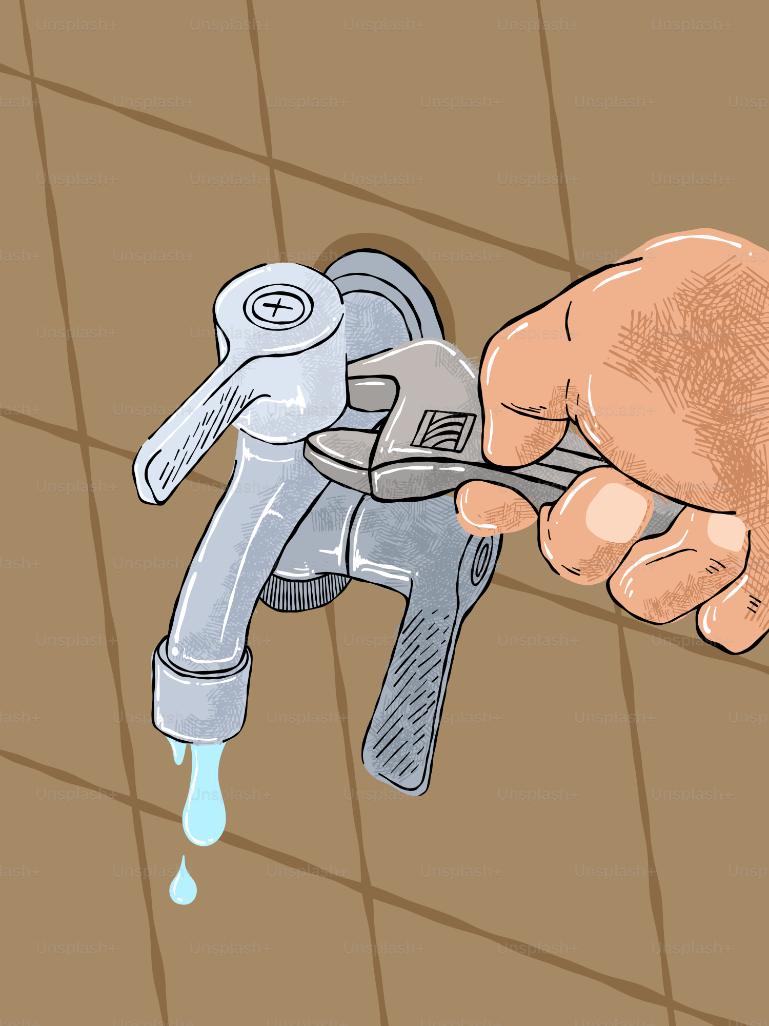 A hand tightens a faucet with a wrench.