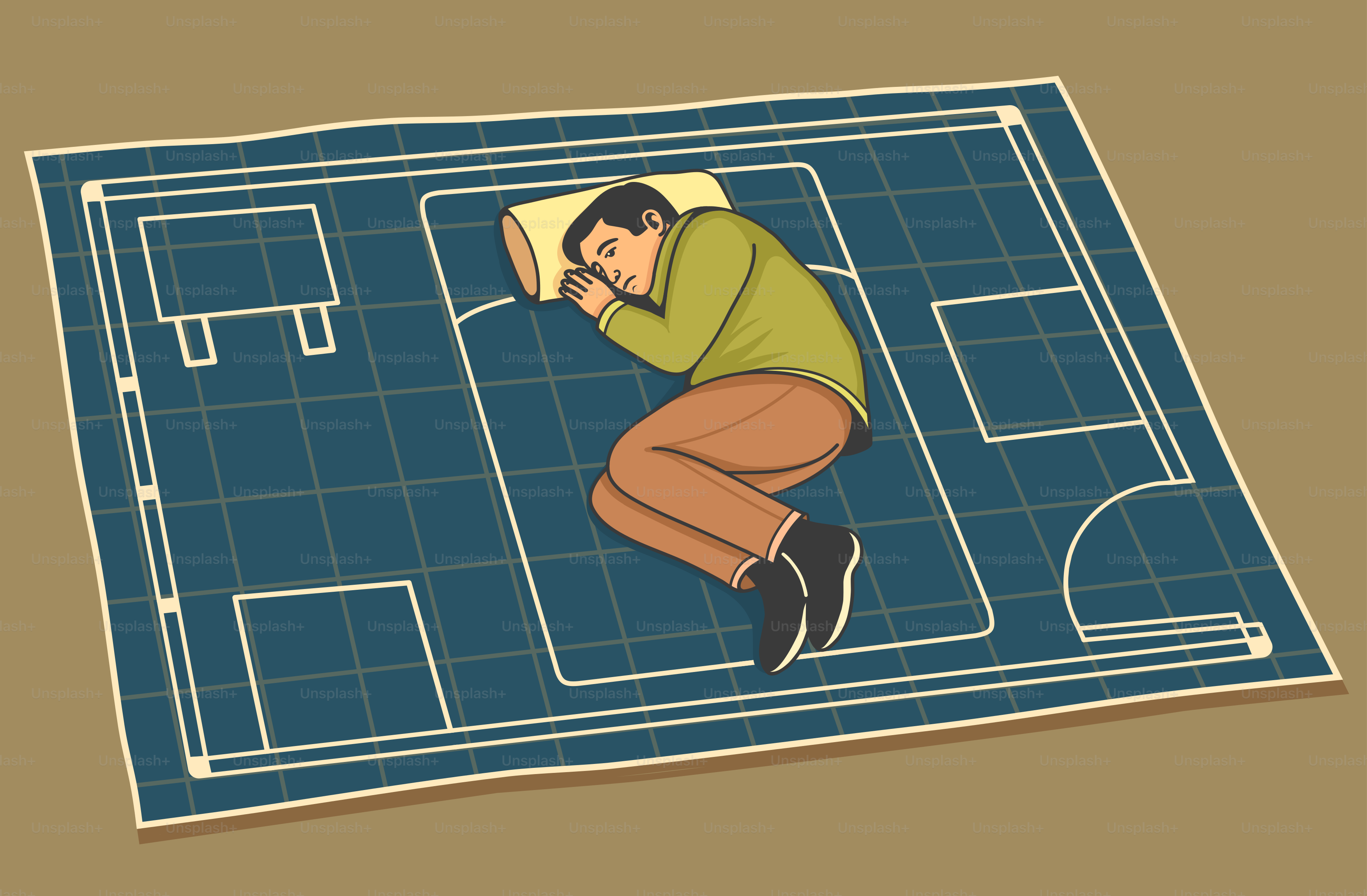A man is sleeping on a room blueprint.