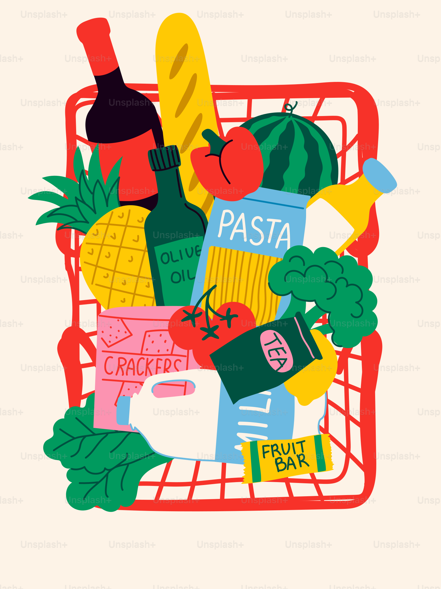 A full grocery basket of fresh produce and groceries.