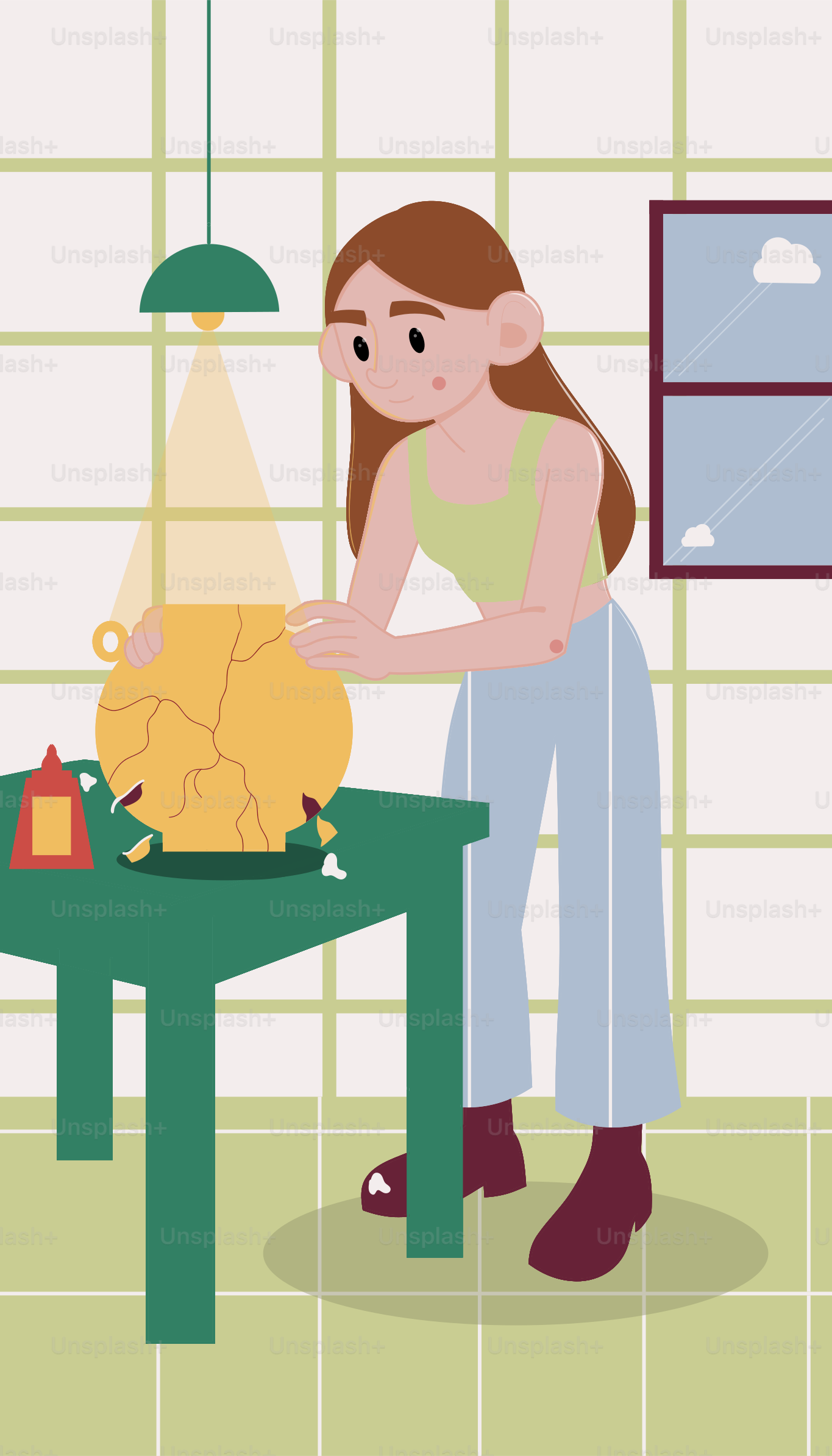 A woman is repairing a broken vase.