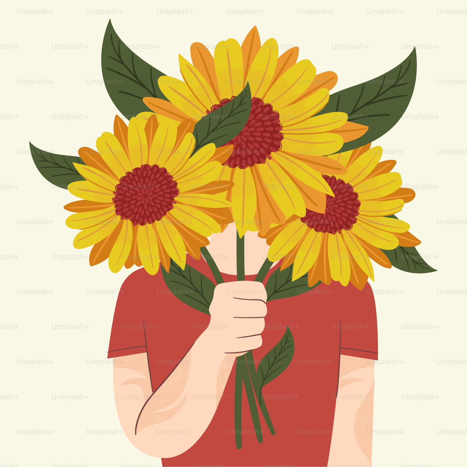A person is holding a bouquet of sunflowers.