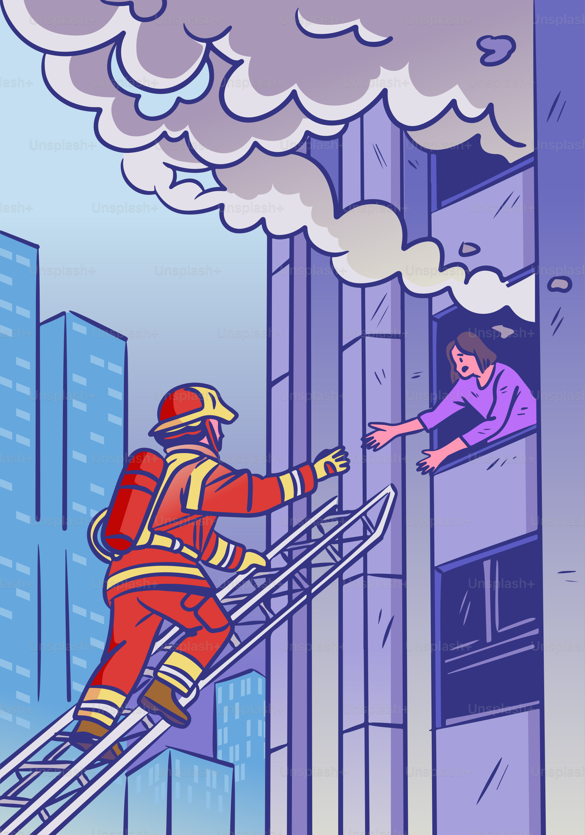 Firefighter rescues a person from a burning building.