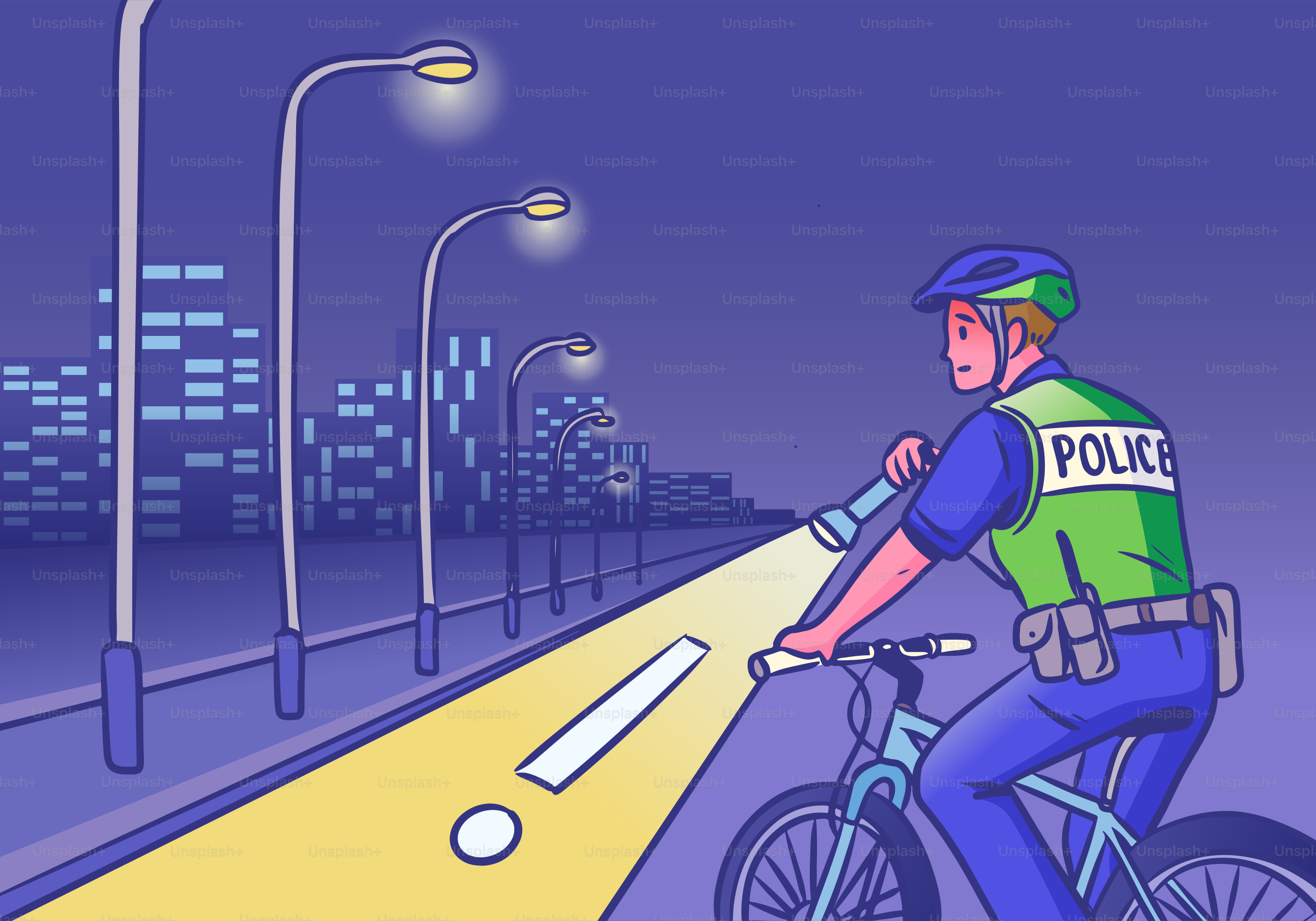 A police officer is patrolling on a bicycle at night.