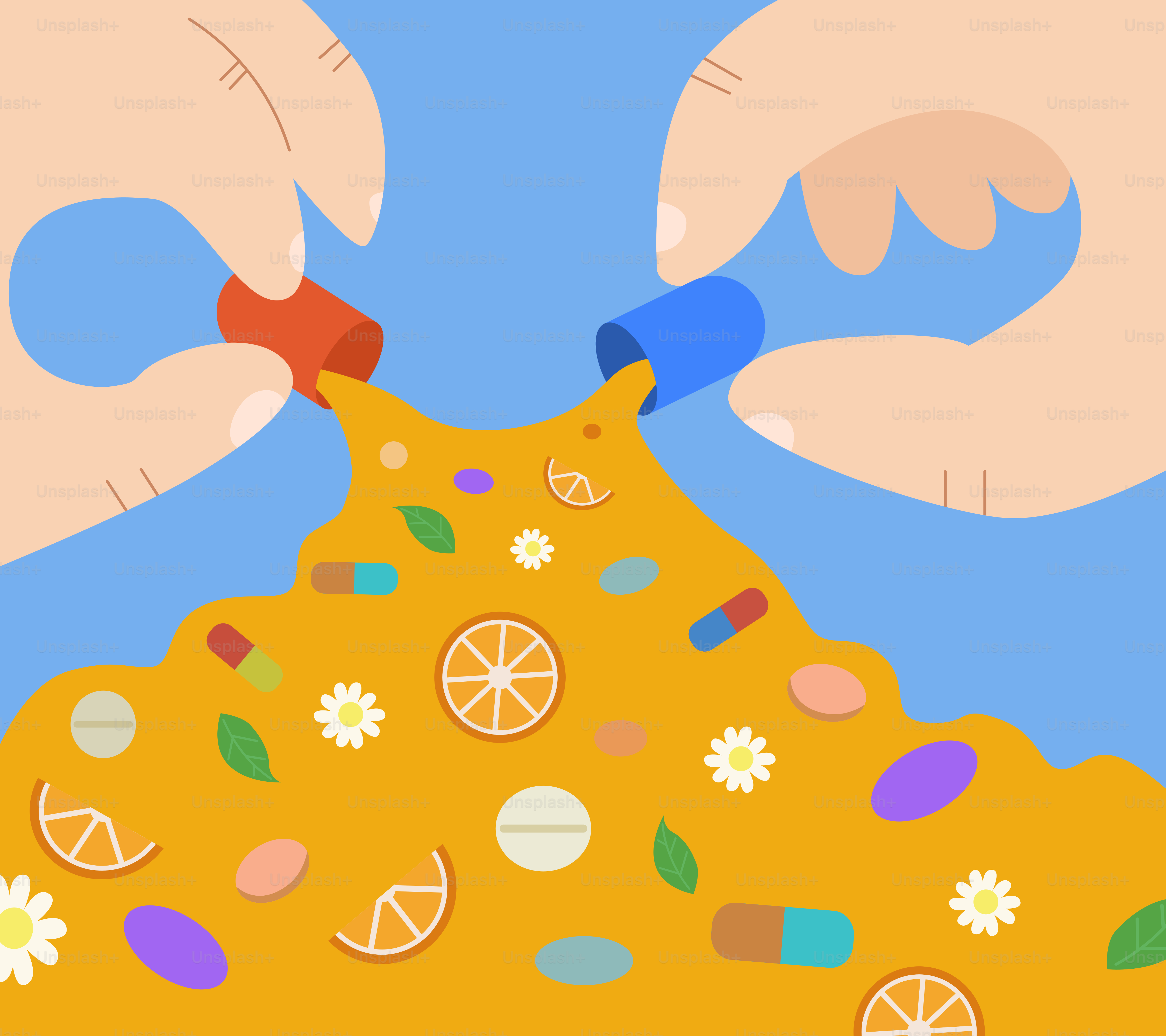 Manos vertiendo pastillas y suplementos en un montón.