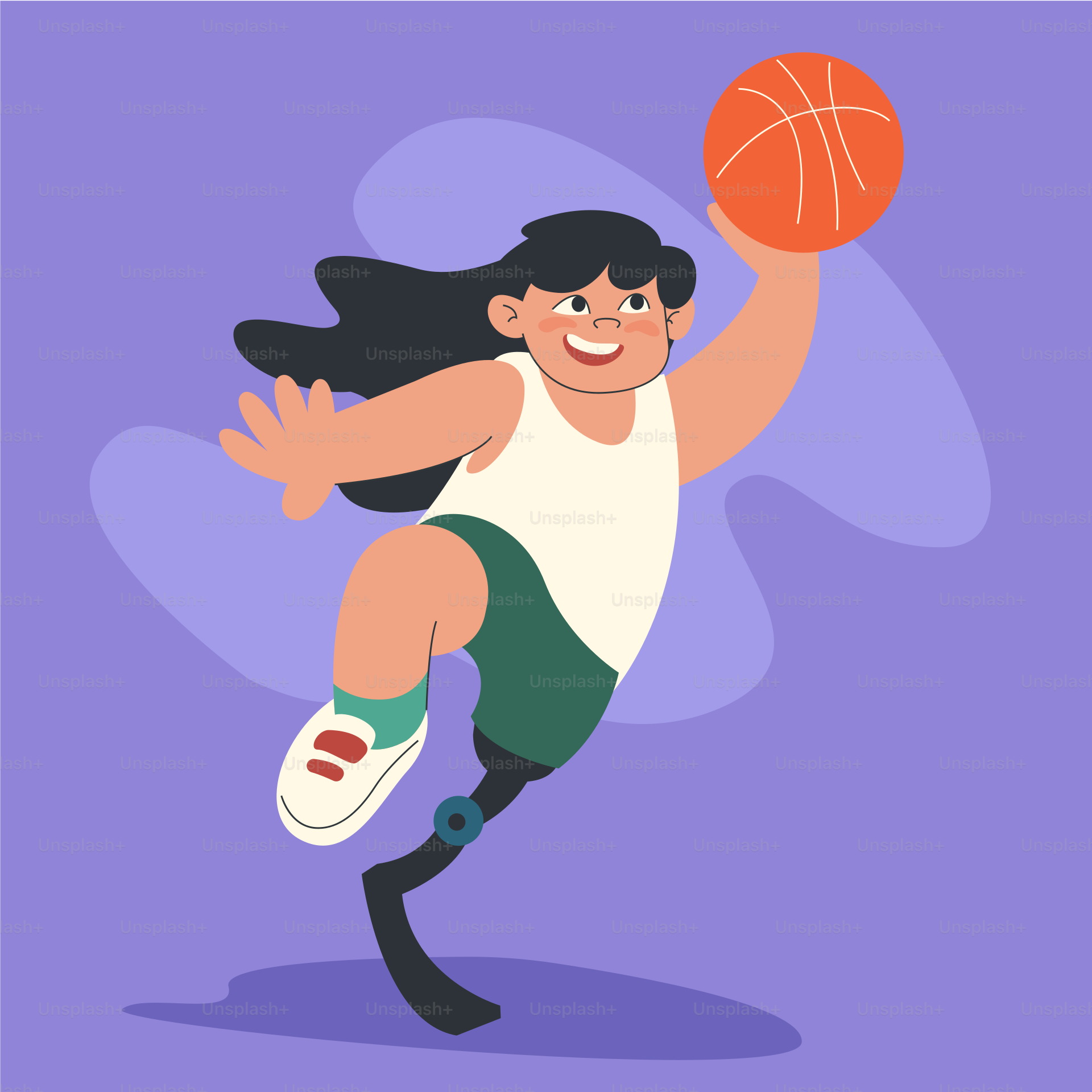 Seorang gadis dengan kaki palsu bermain bola basket.