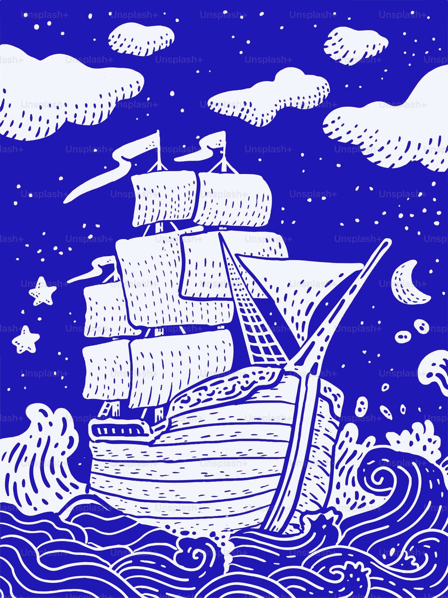 A ship sails across the sea at night.