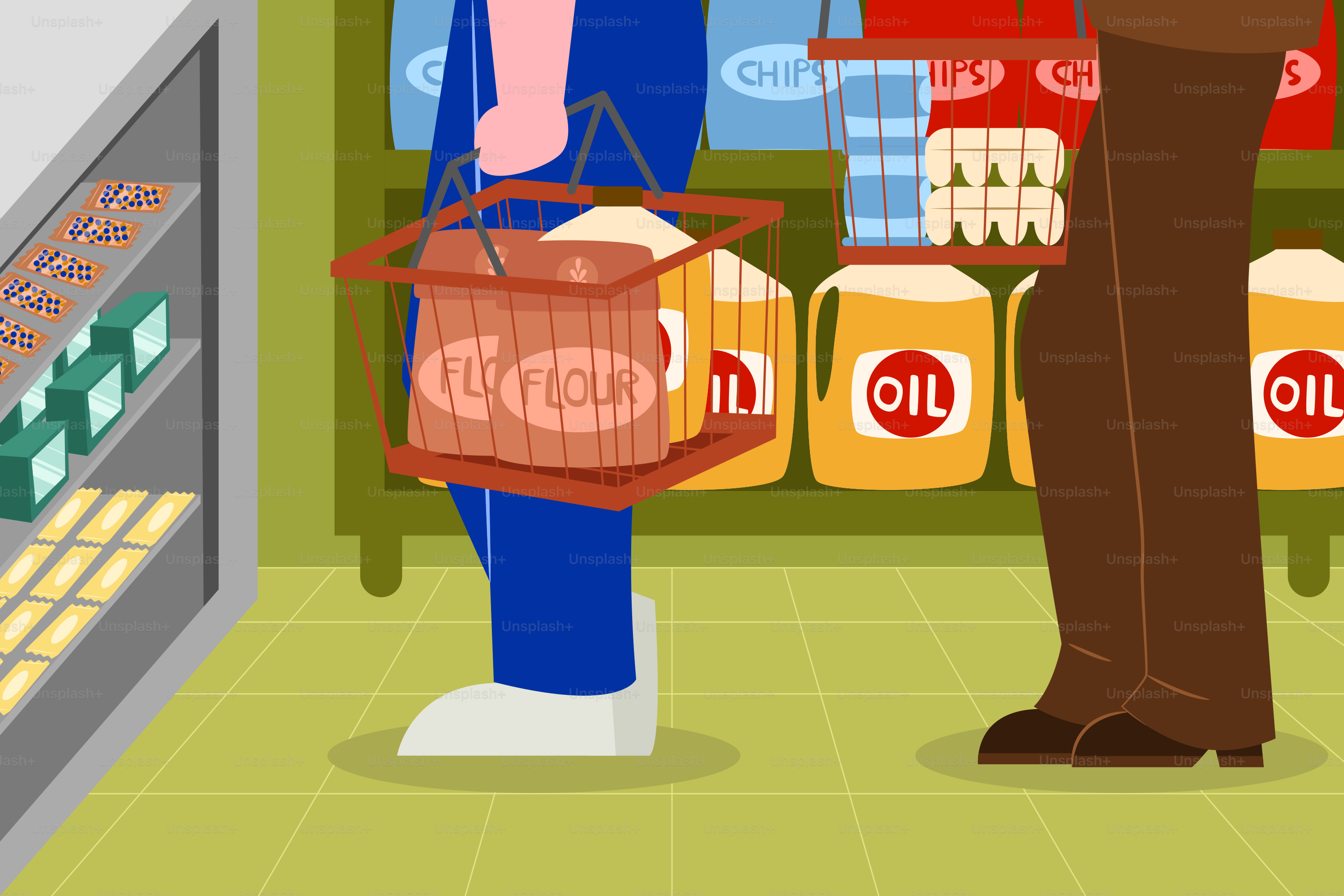 People are grocery shopping in a supermarket.