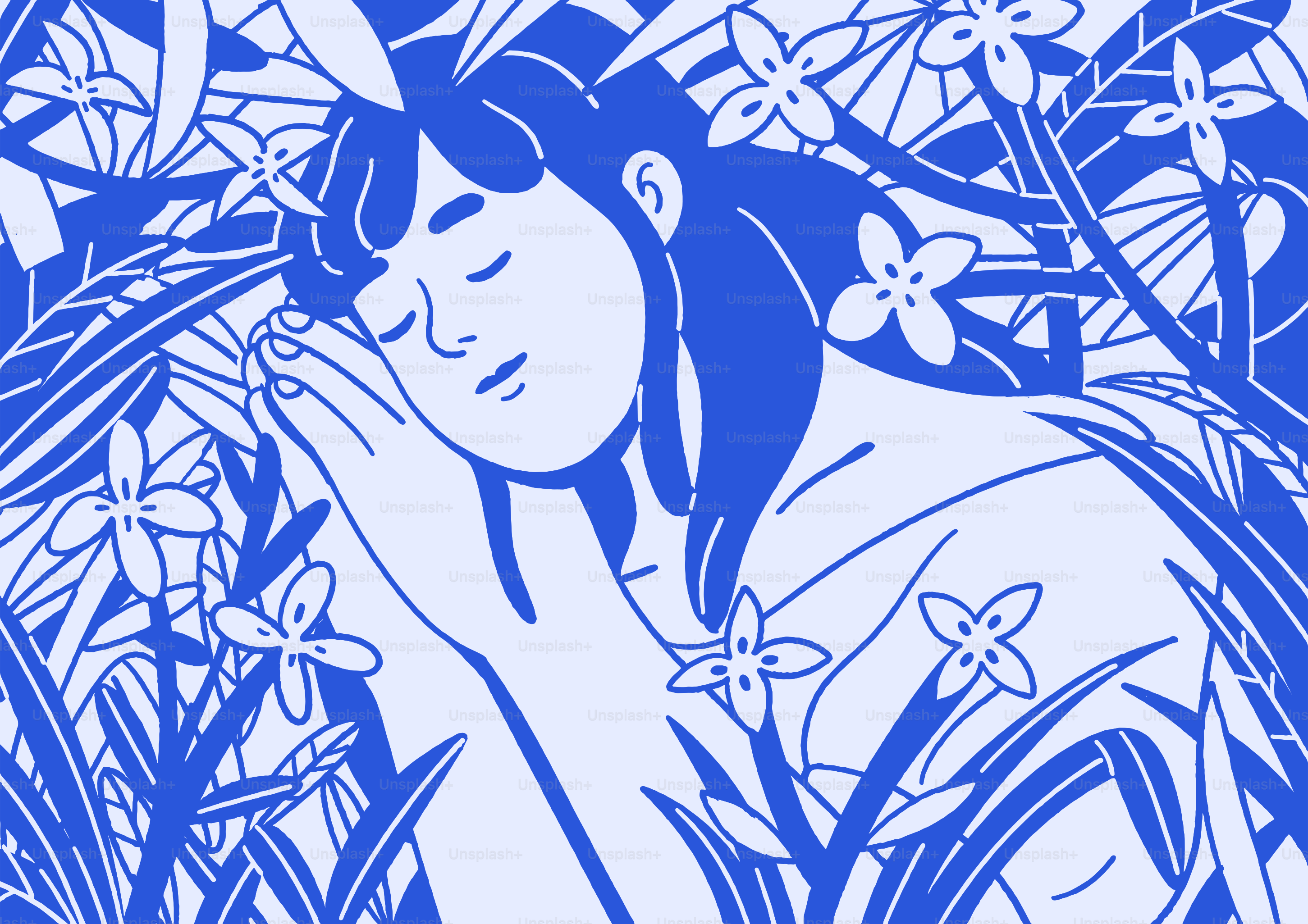 A sleeping woman lies amongst the flowers.