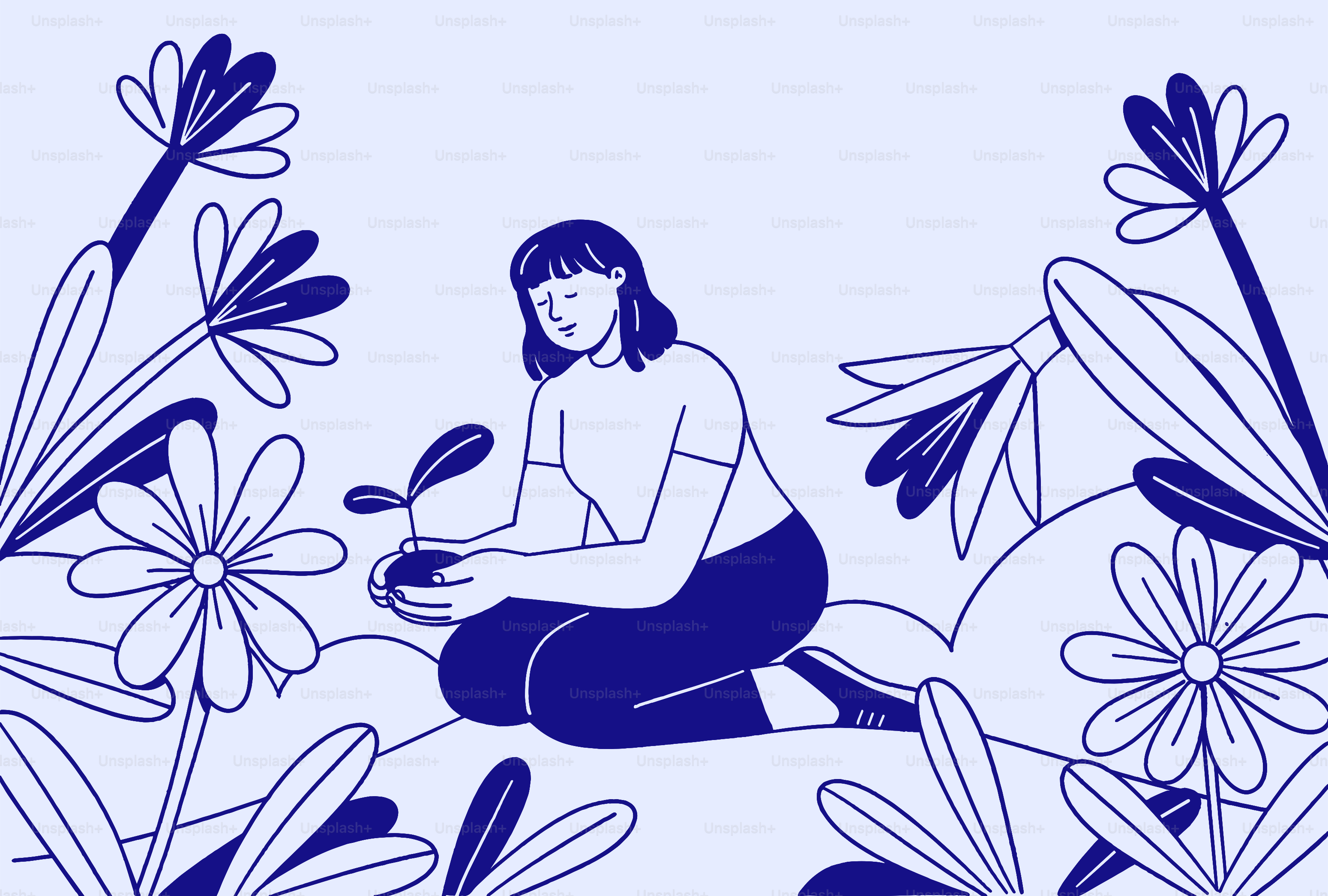 Une femme plante une graine parmi les fleurs.