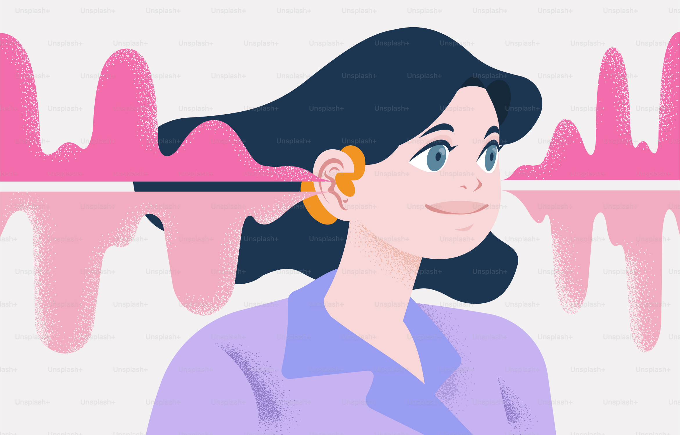 Una mujer está rodeada de ondas sonoras rosas.