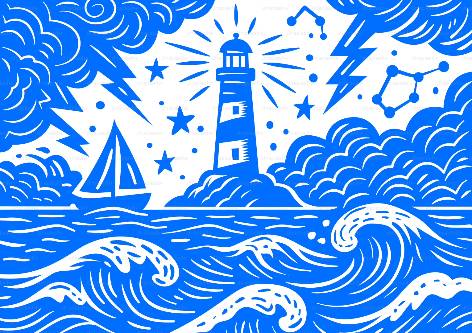 A lighthouse guides a boat through a storm.