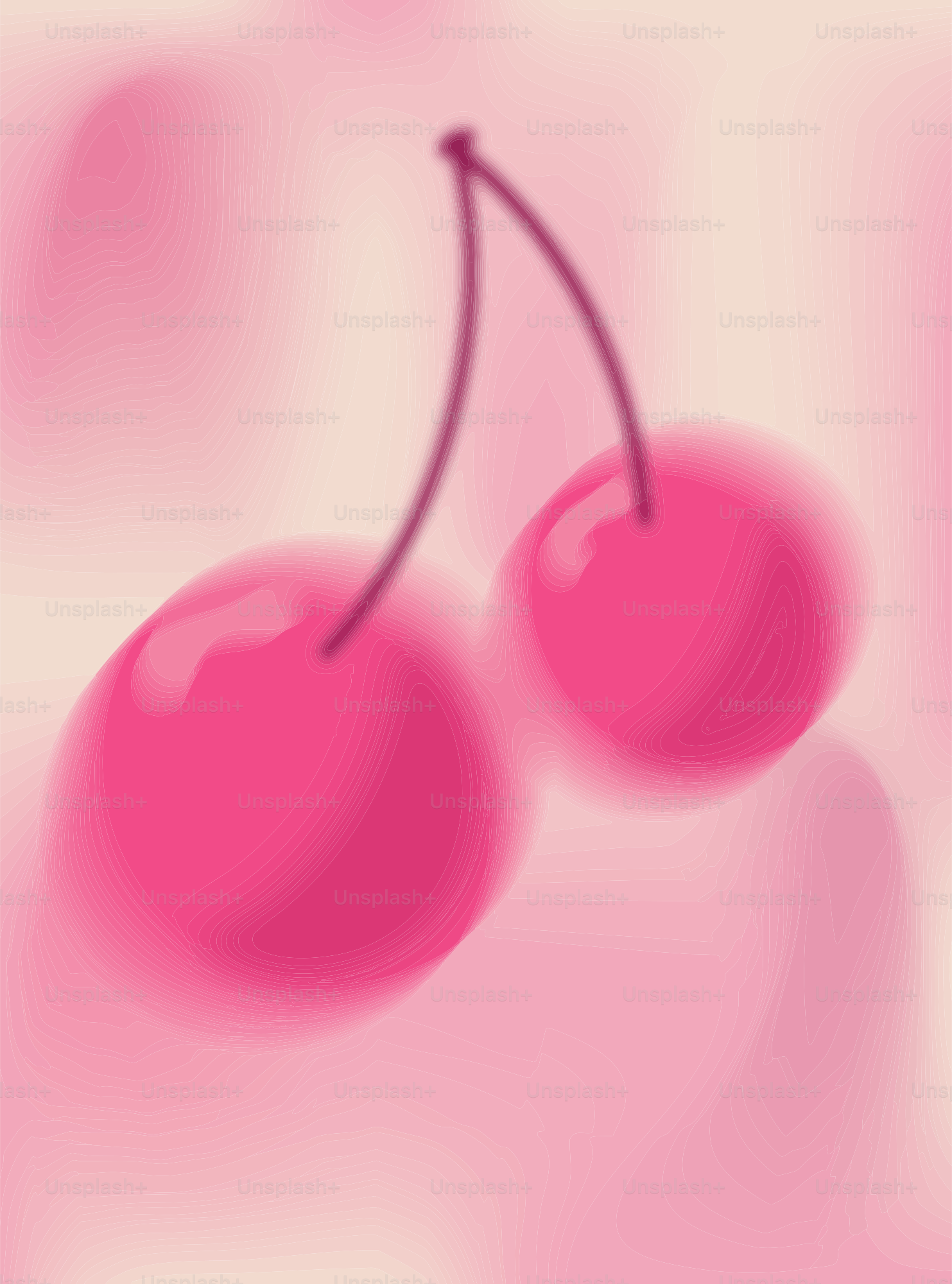 Two bright pink cherries on a soft pink background.