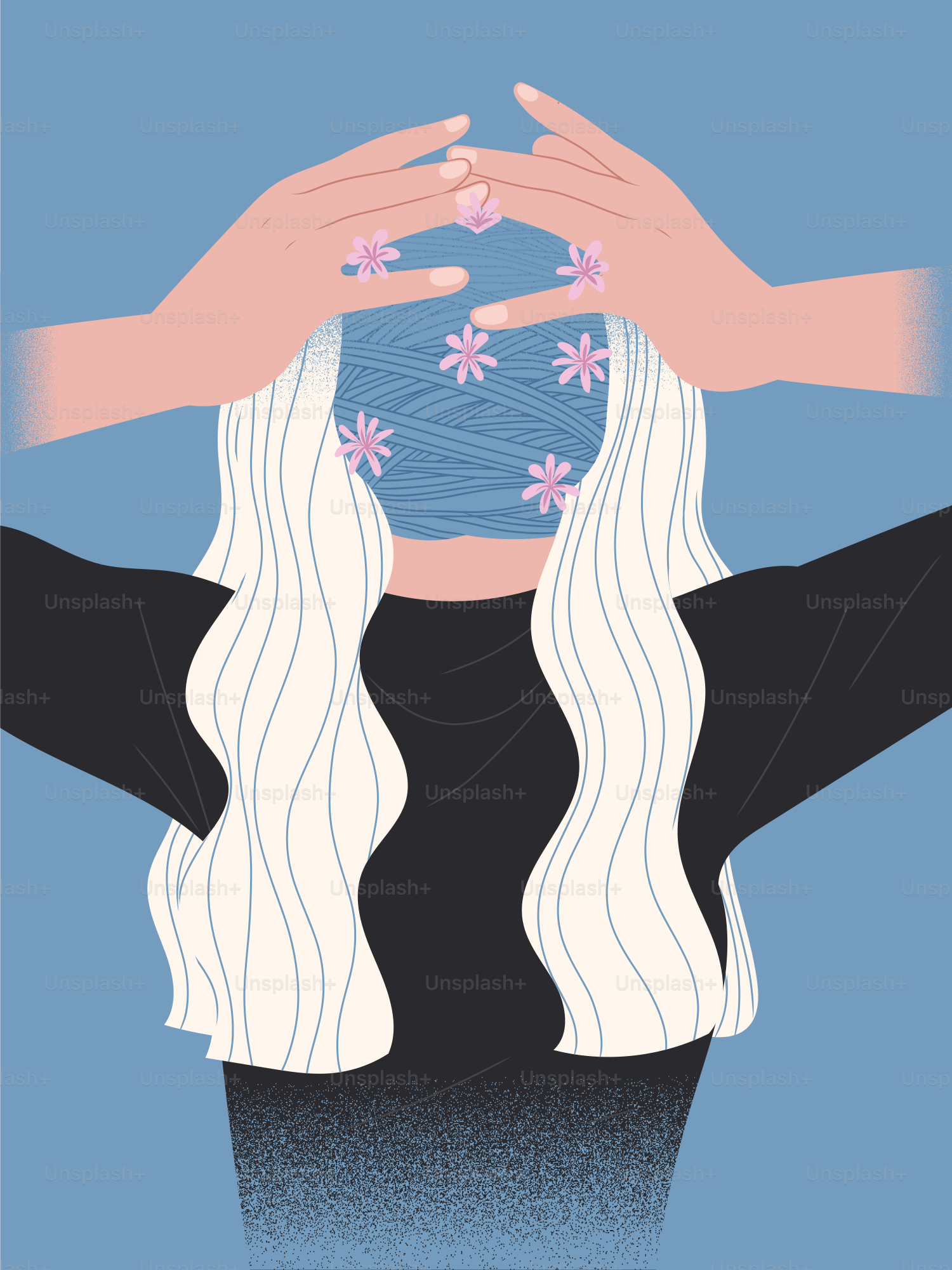 Hands frame a head filled with thread and flowers.