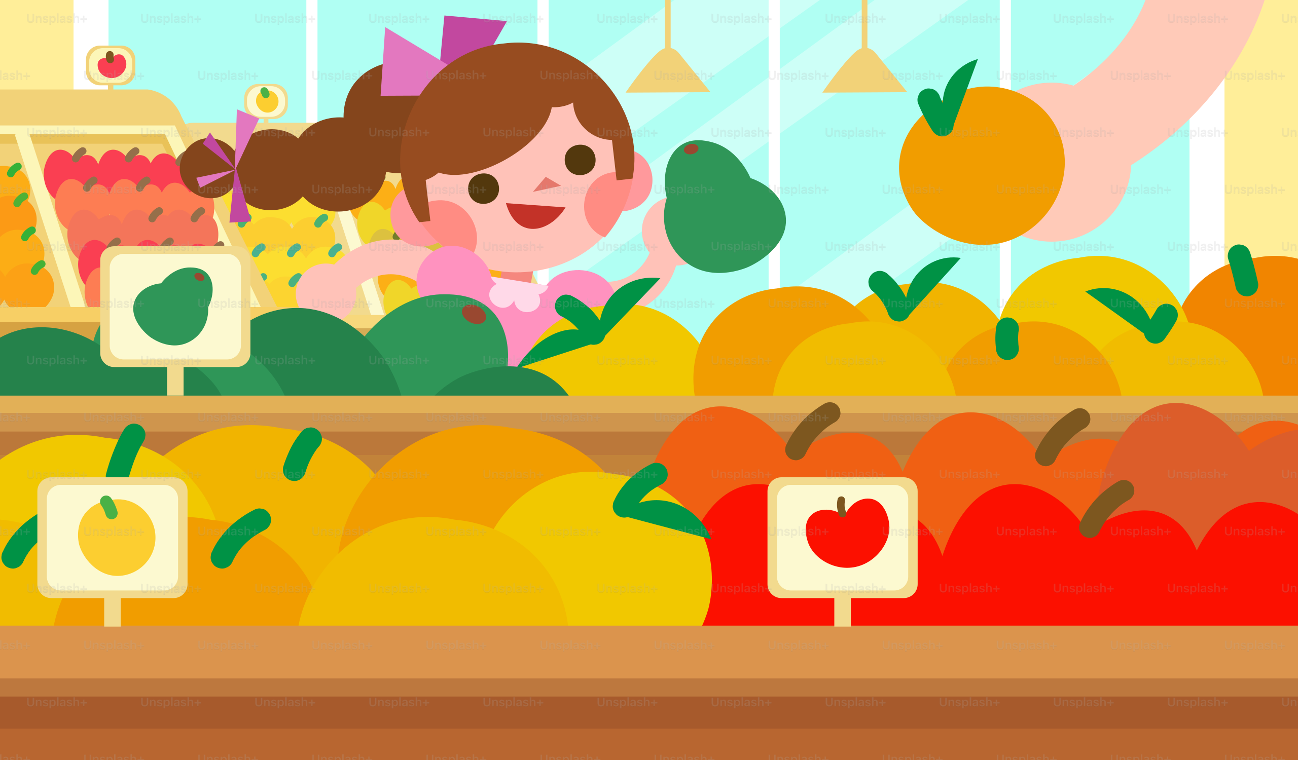 A girl shops for fruit at the grocery store.