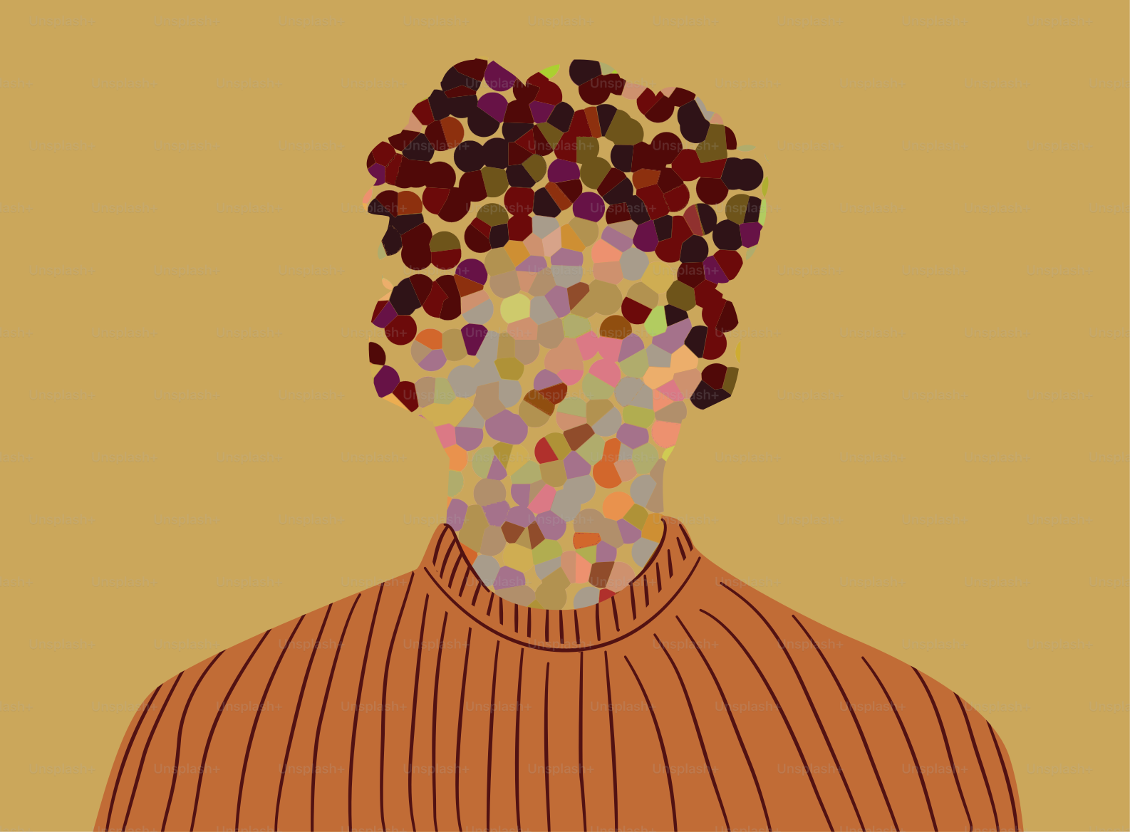 Das abstrakte Porträt zeigt ein mosaikartiges Gesicht und Haare.