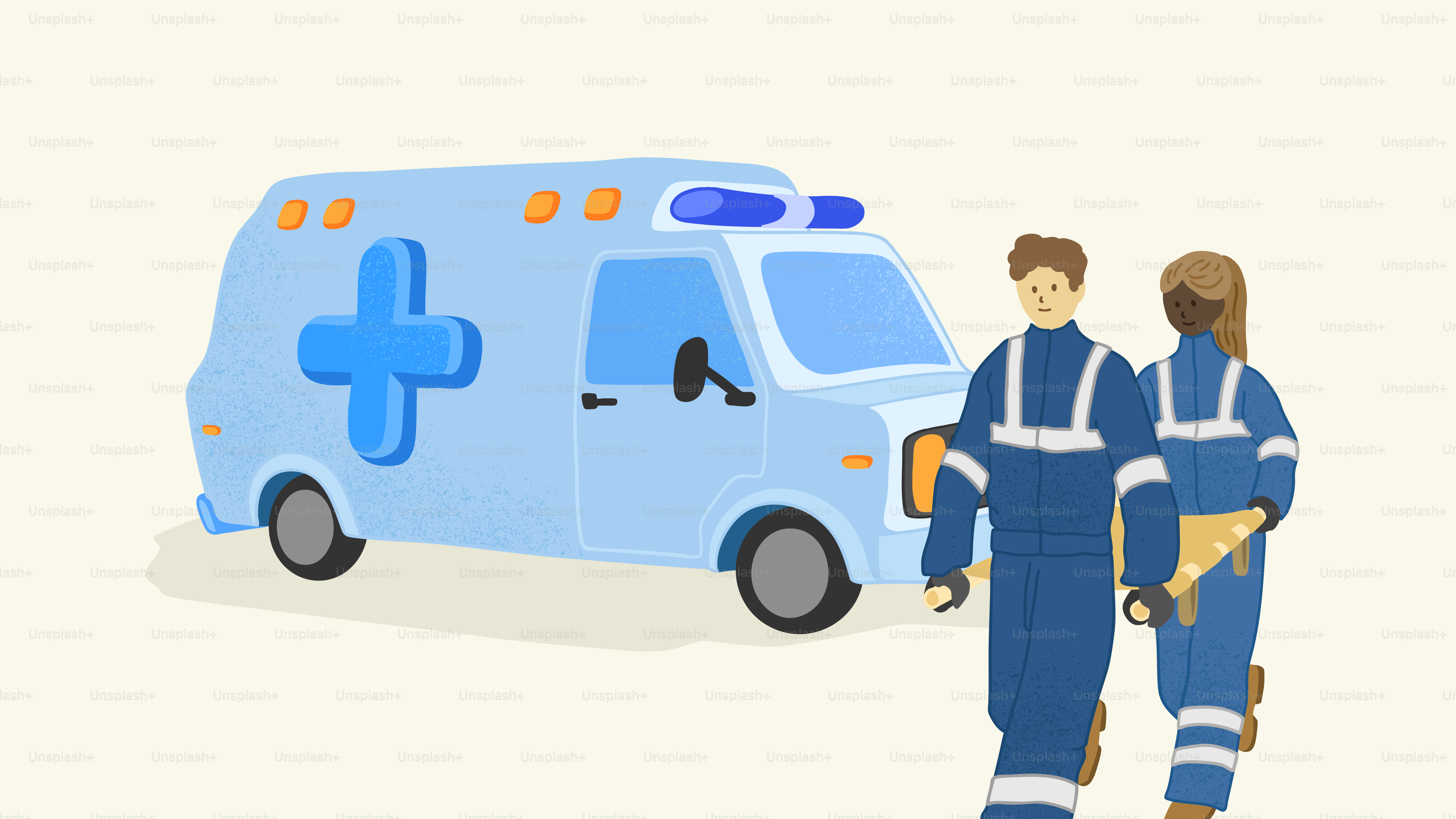 Paramedics walk toward an ambulance.