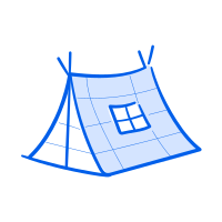 A blue tent is drawn with a square window.