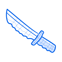 Here's a short caption: a blue cartoon knife with a serrated edge.