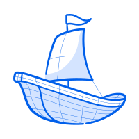 A blue cartoon boat with a flag sails.