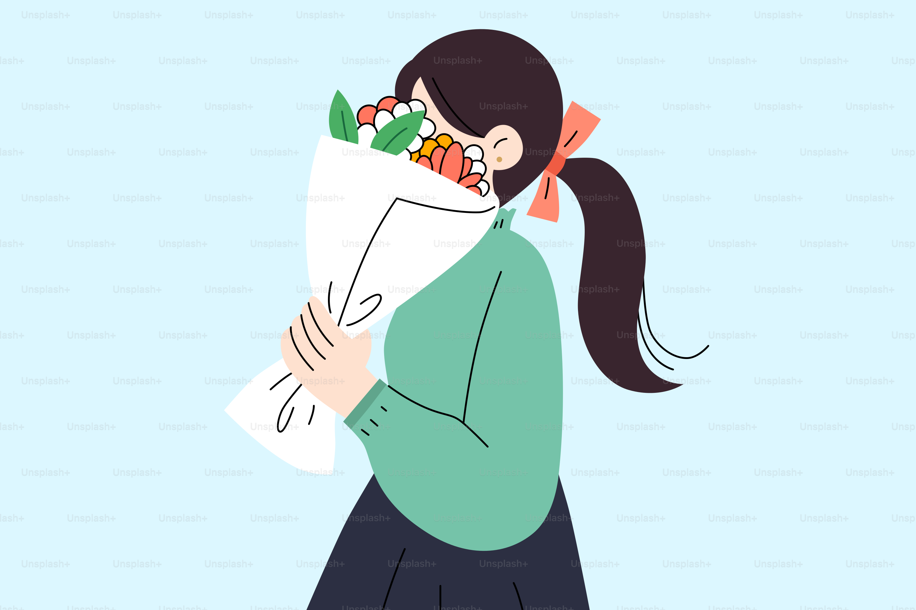 A girl holds a bouquet of flowers.