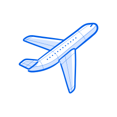 A blue airplane flies through the air.