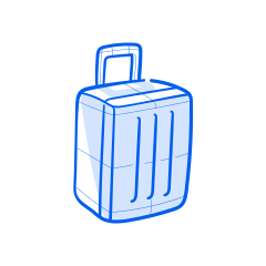 A blue and white suitcase is ready for travel.