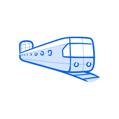 A blue train is moving along the rails.