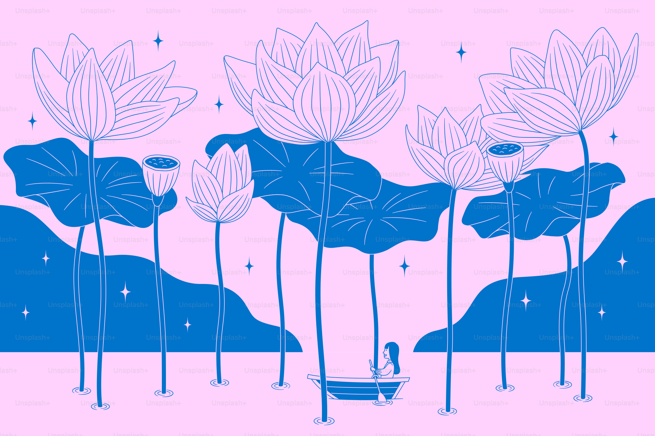 Lotus flowers and a boat on a pond.