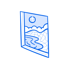 A window shows a landscape with a moon.