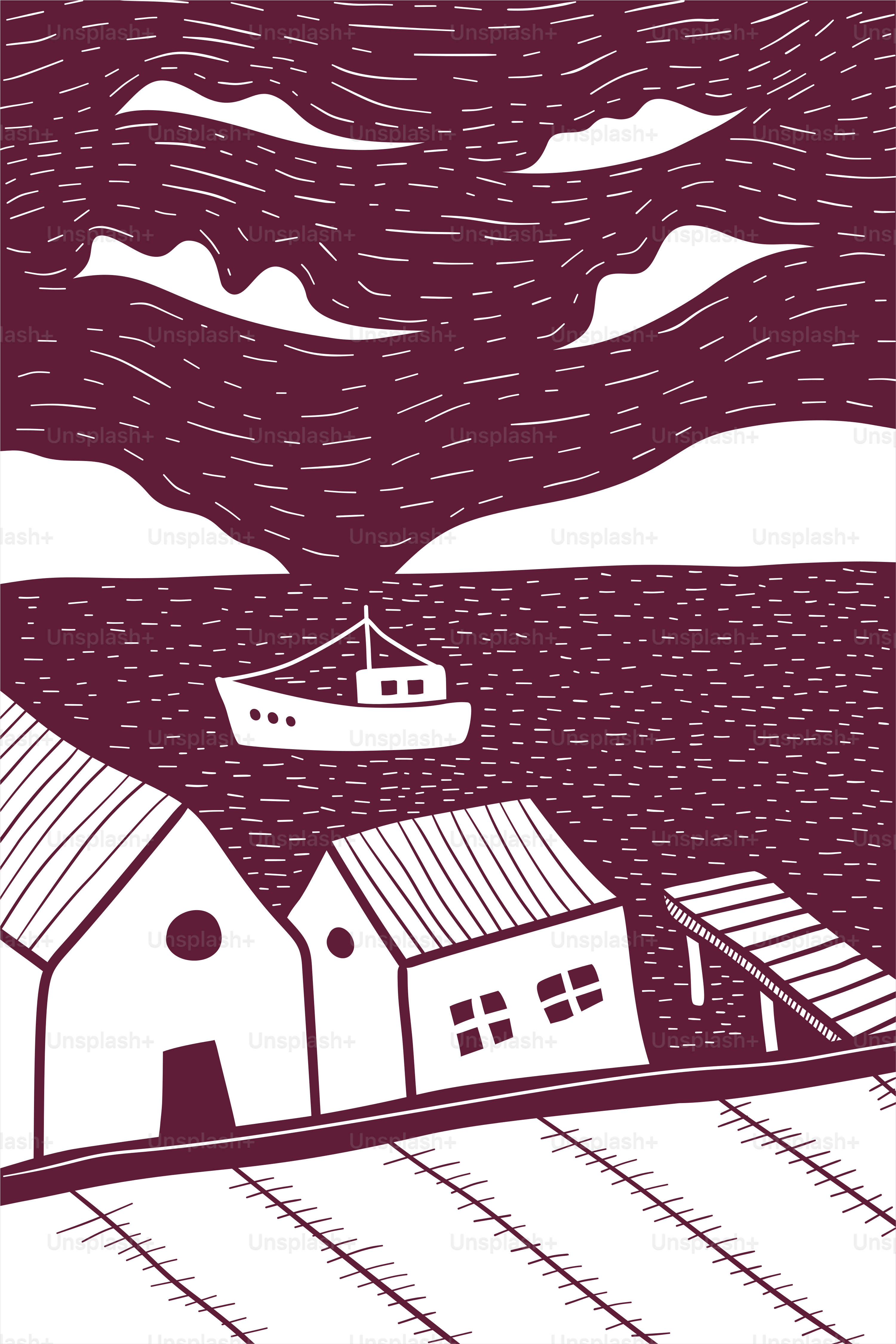 A boat sails past a coastal village.