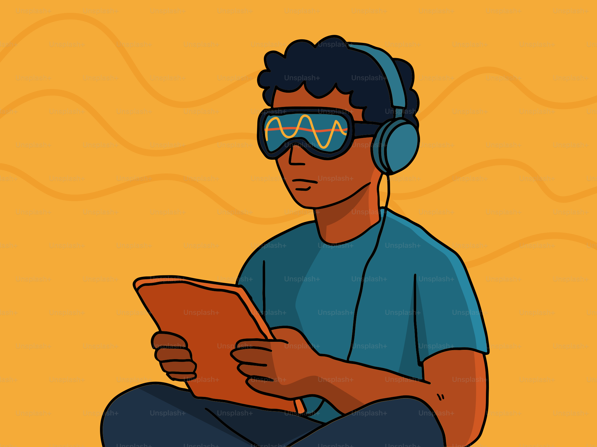 Person wearing technology: brainwaves shown.