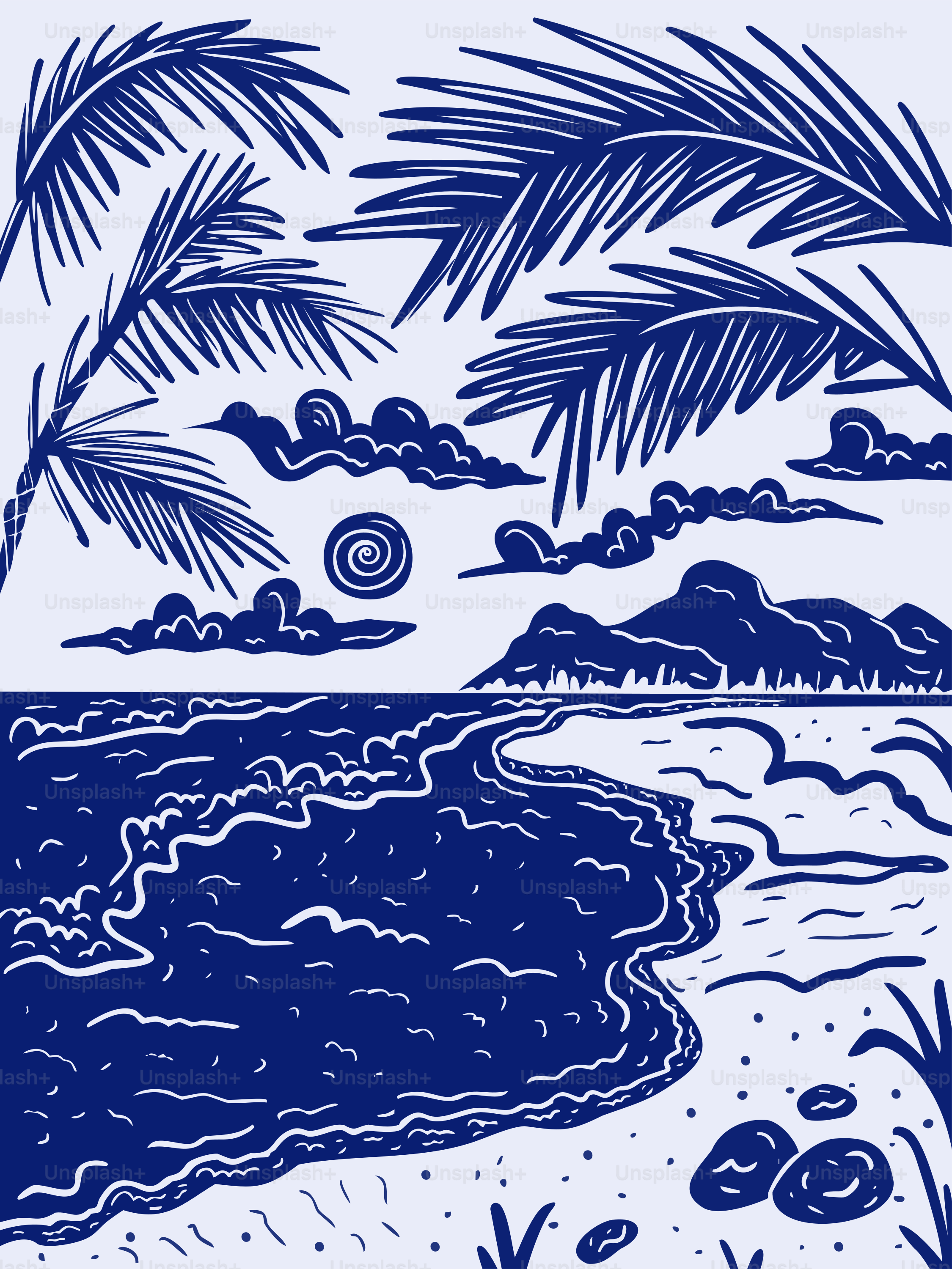 A blue beach scene with palm trees and waves.