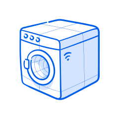 A cartoon washing machine with wireless connectivity.