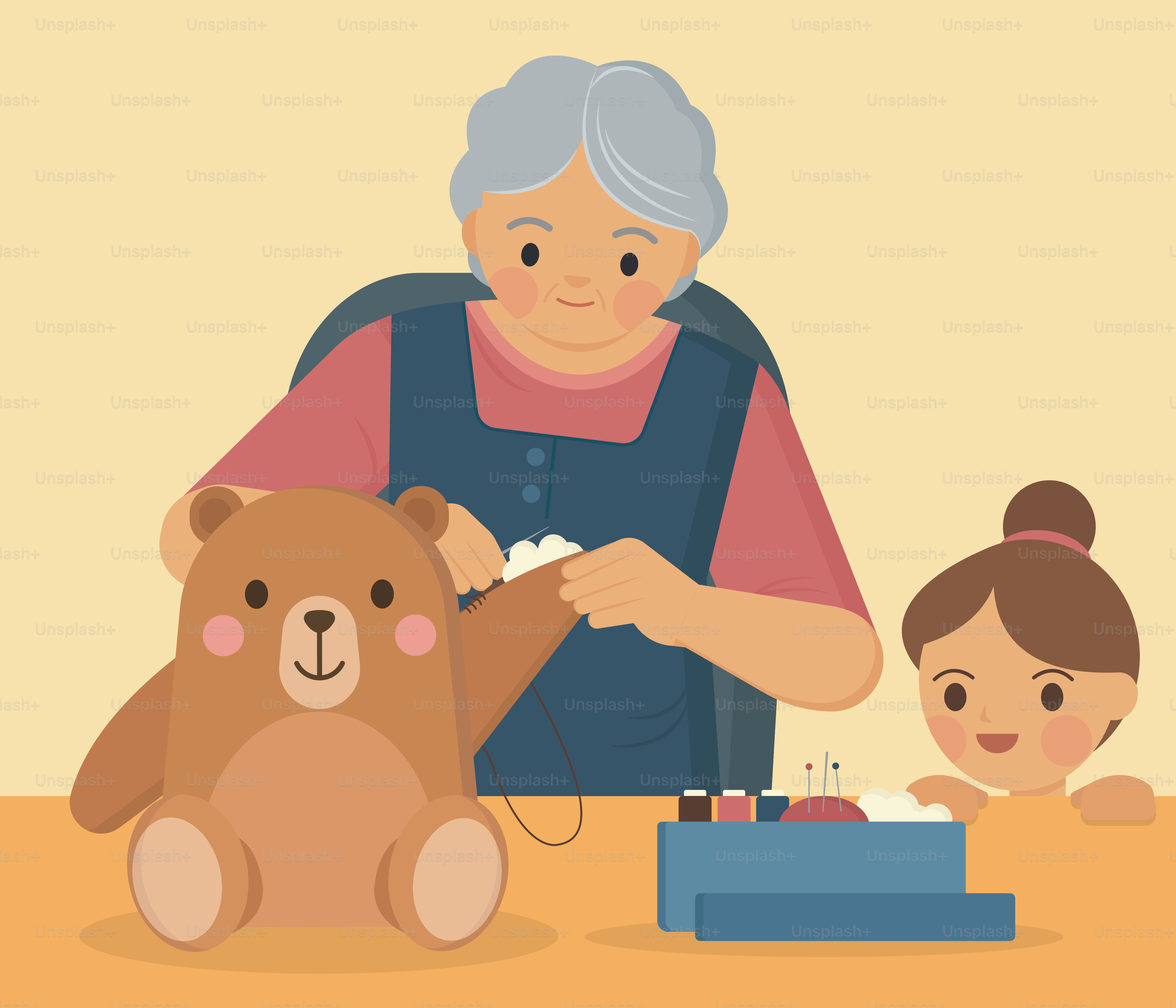 Grandmother sews a teddy bear with a granddaughter.