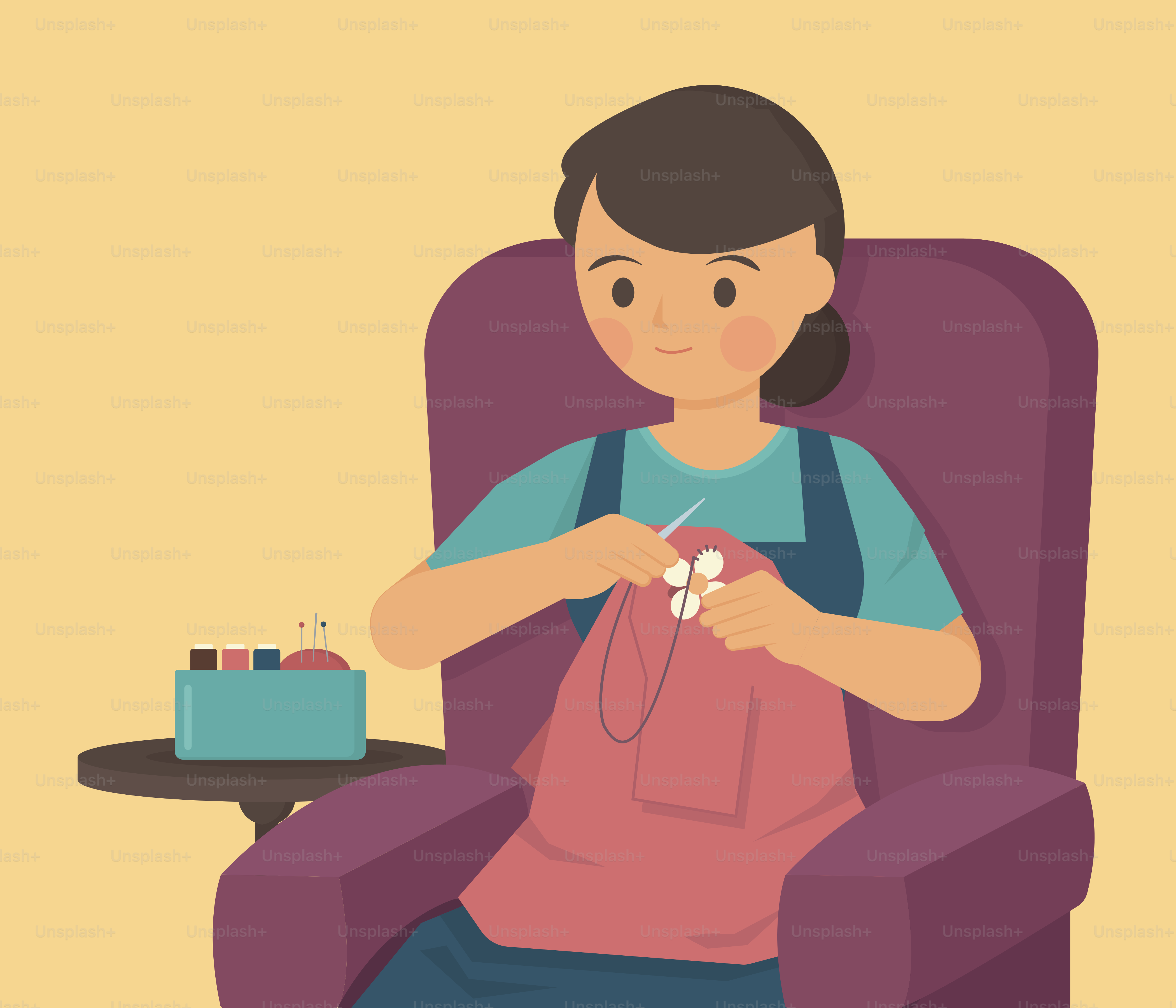 A woman sews while sitting in her armchair.