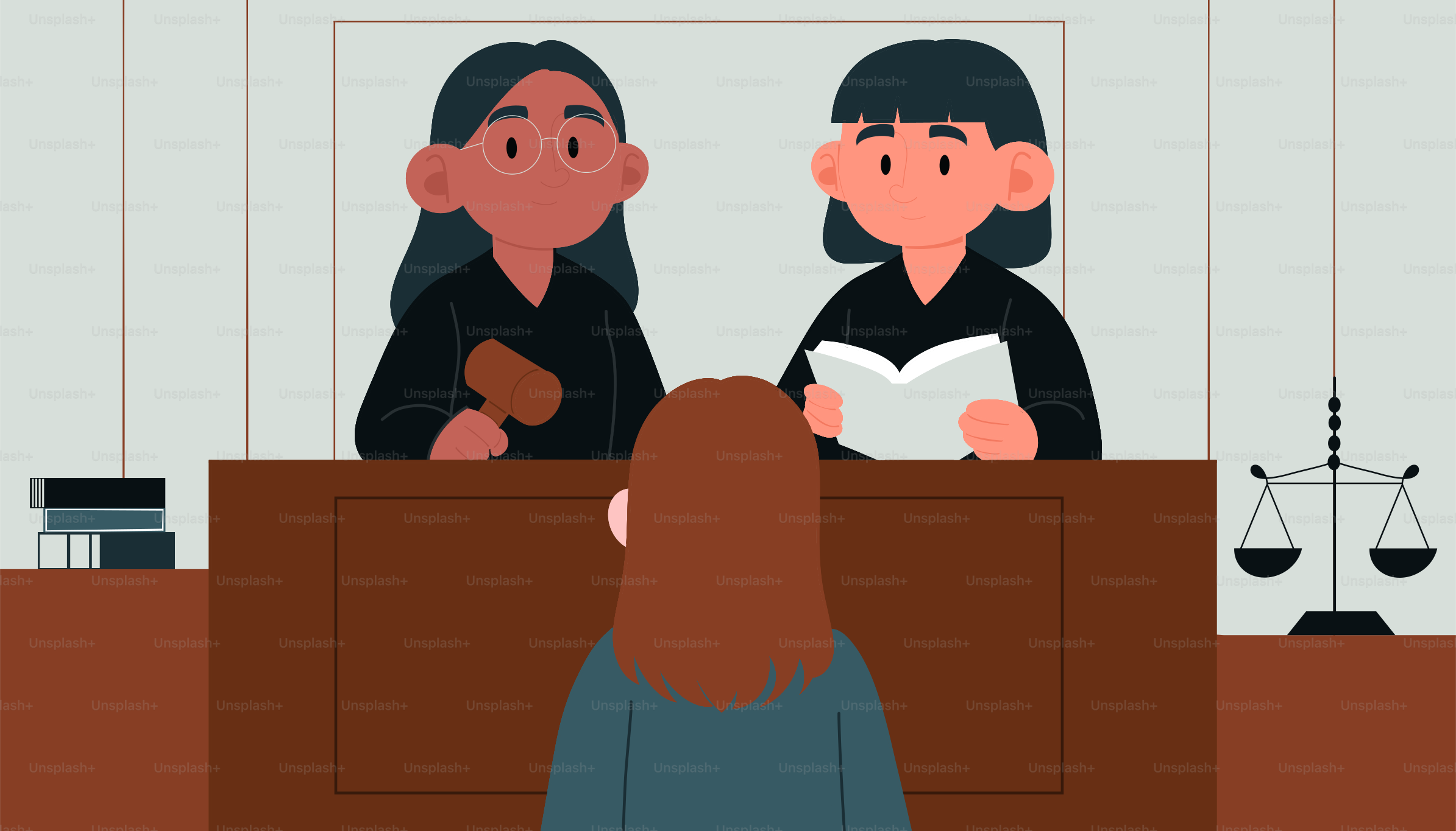 A court scene depicts judges and a defendant.