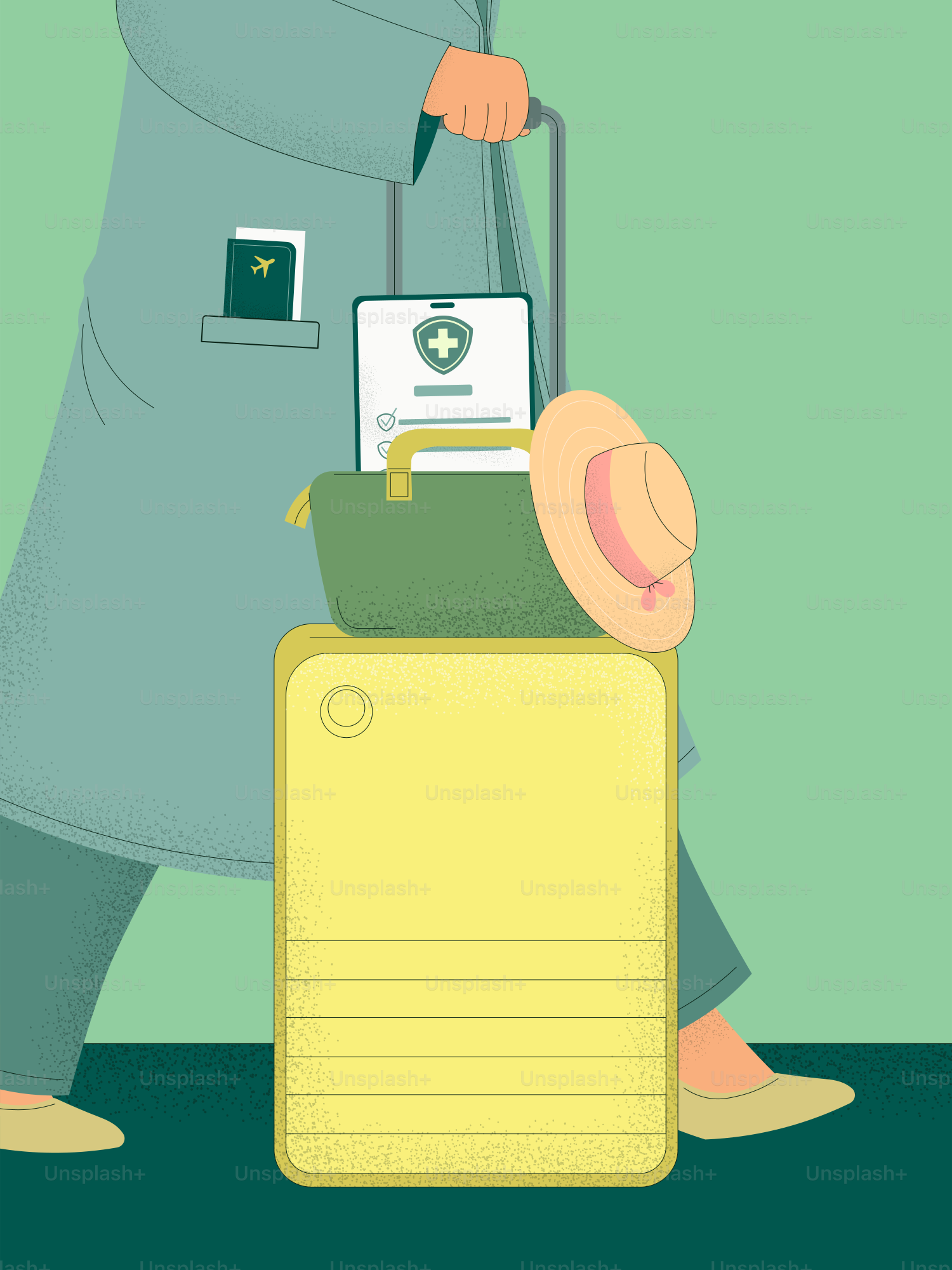Person travels with luggage, health passport, and hat.